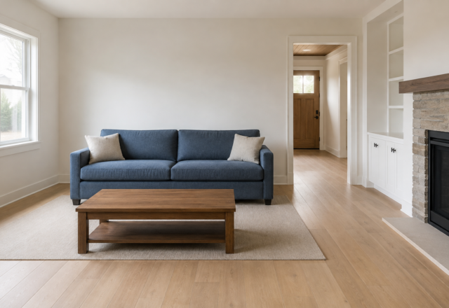 A sofa scaled to its living room, with a full walking path left clear in front of it