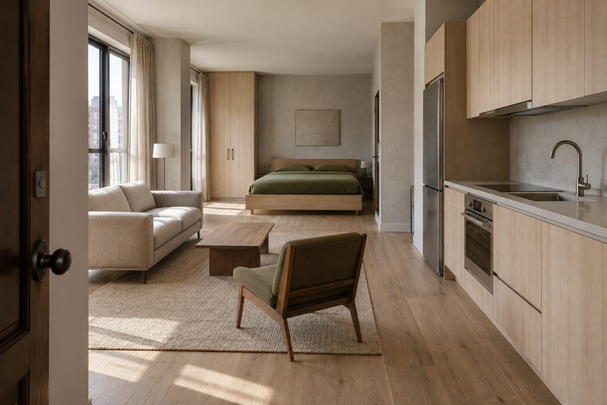 A studio apartment with distinct bed, living, and kitchen zones visible from the entry, no walls between them.