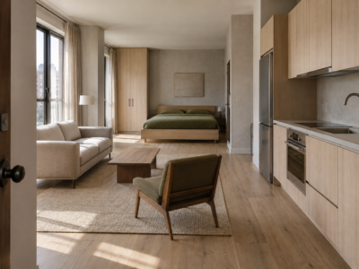 A studio apartment with distinct bed, living, and kitchen zones visible from the entry, no walls between them.