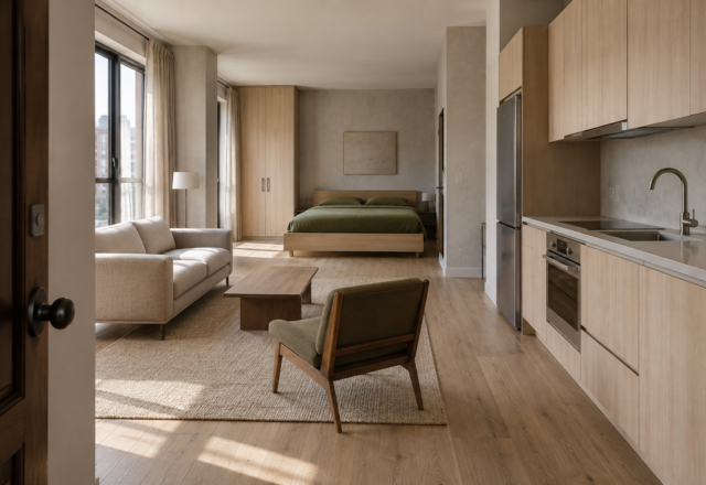 A studio apartment with distinct bed, living, and kitchen zones visible from the entry, no walls between them.