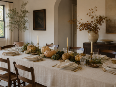 Thanksgiving dining table set with real gourds, linen napkins, and brass flatware in a farmhouse-style dining room