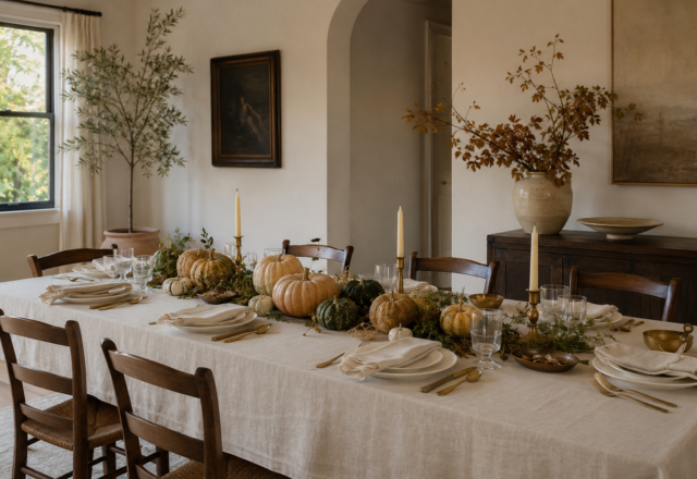 Thanksgiving dining table set with real gourds, linen napkins, and brass flatware in a farmhouse-style dining room