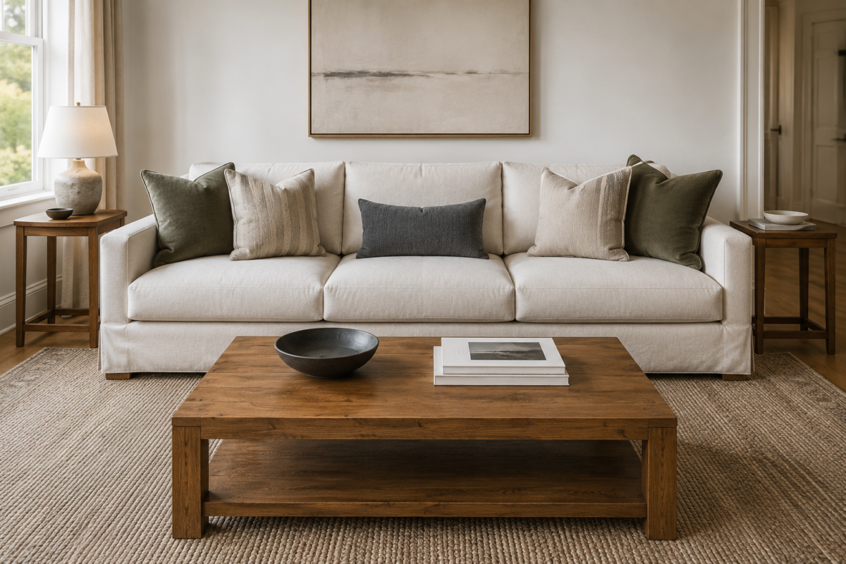 A sofa styled with a correctly scaled throw pillow arrangement, varied texture and an odd total count