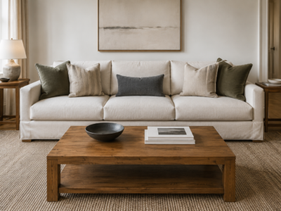 A sofa styled with a correctly scaled throw pillow arrangement, varied texture and an odd total count