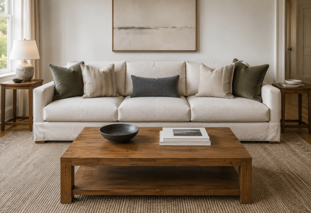 A sofa styled with a correctly scaled throw pillow arrangement, varied texture and an odd total count