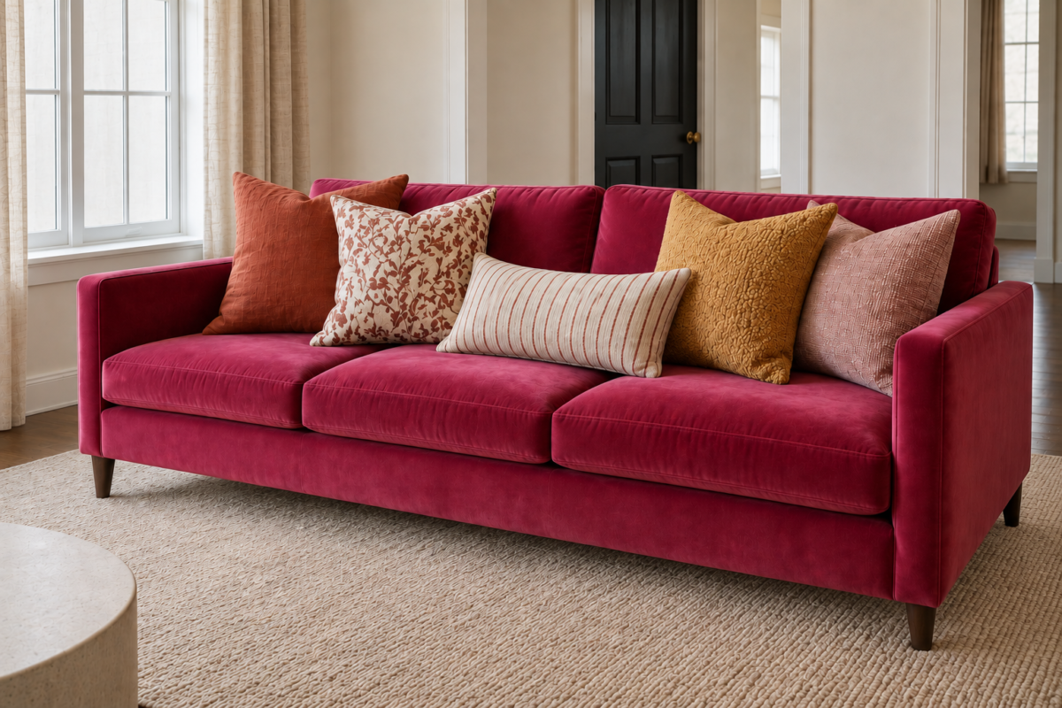 A bold raspberry-pink sofa styled with a varied arrangement of textured throw pillows in terracotta, ochre, and cream.