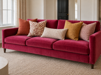 A bold raspberry-pink sofa styled with a varied arrangement of textured throw pillows in terracotta, ochre, and cream.