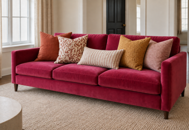 A bold raspberry-pink sofa styled with a varied arrangement of textured throw pillows in terracotta, ochre, and cream.