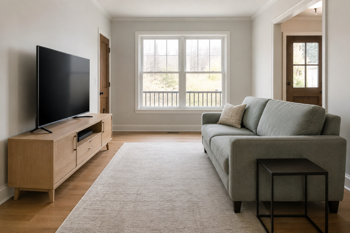 A TV and sofa positioned at a comfortable viewing distance, with the screen at seated eye level