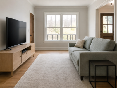 A TV and sofa positioned at a comfortable viewing distance, with the screen at seated eye level