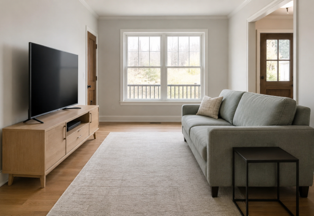 A TV and sofa positioned at a comfortable viewing distance, with the screen at seated eye level