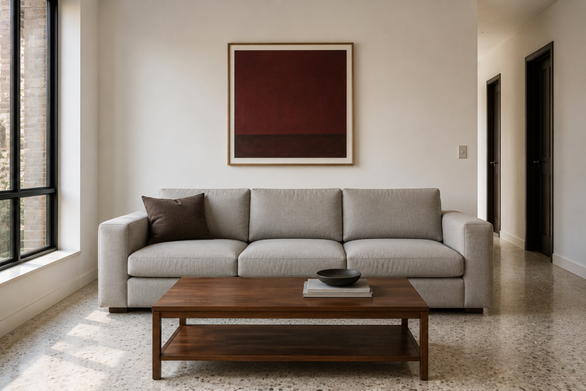 Art hung with a correct gap above a sofa, connected to the furniture below it