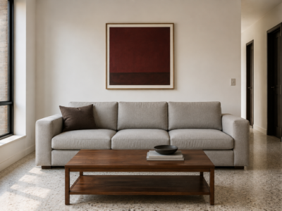 Art hung with a correct gap above a sofa, connected to the furniture below it