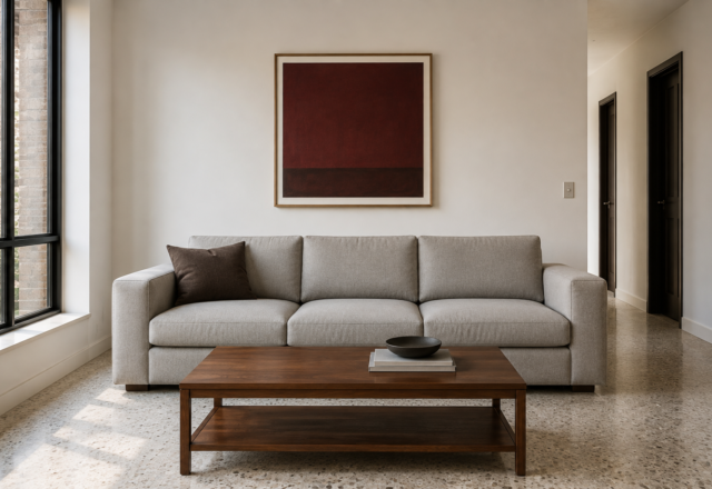 Art hung with a correct gap above a sofa, connected to the furniture below it