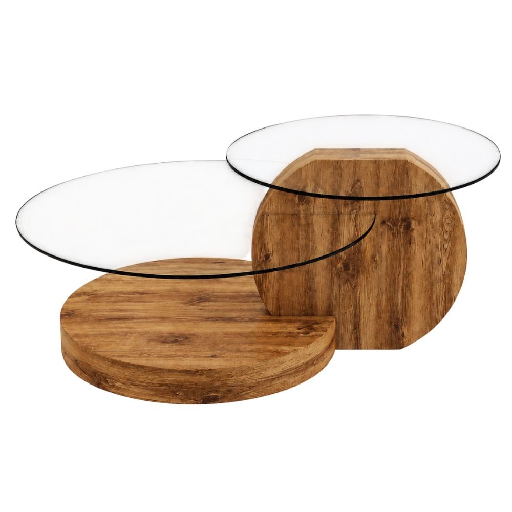 Round two-tier glass coffee table on a wood base