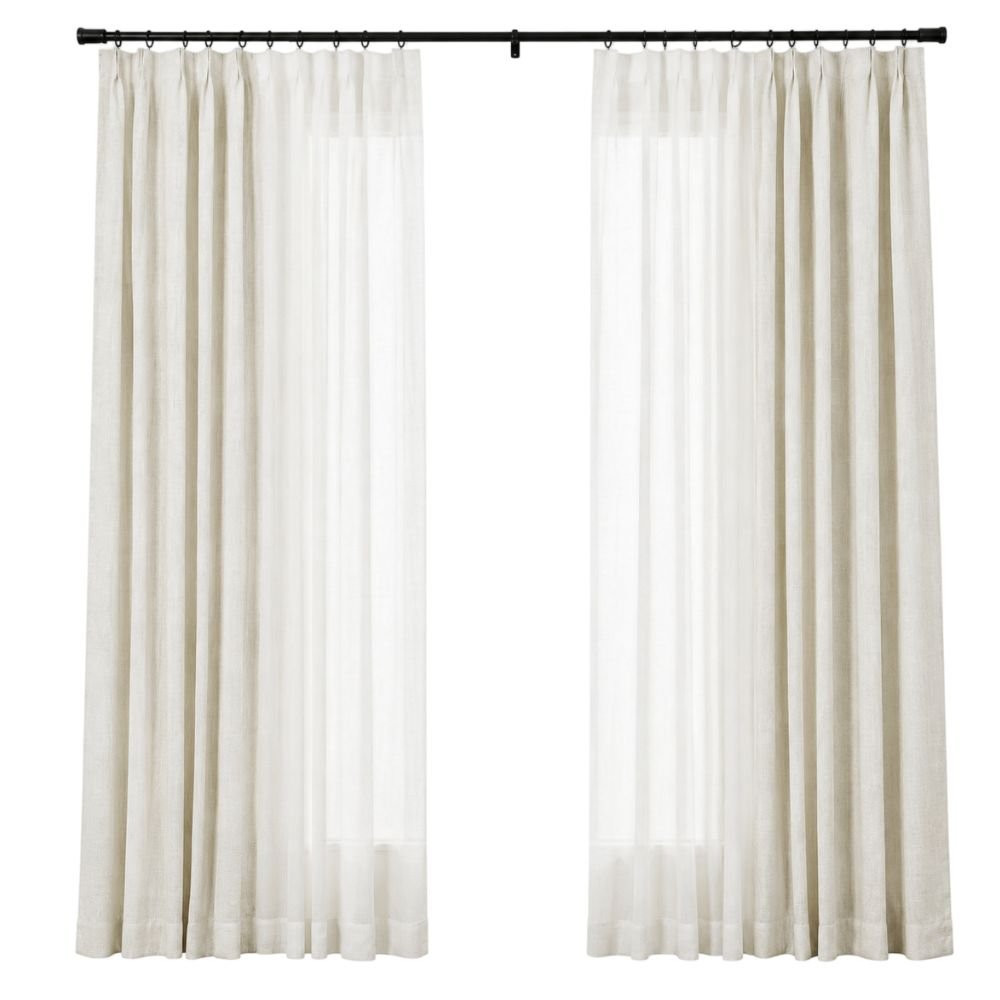 Half sheer, half linen drapery panel with pleated header, sold per pair