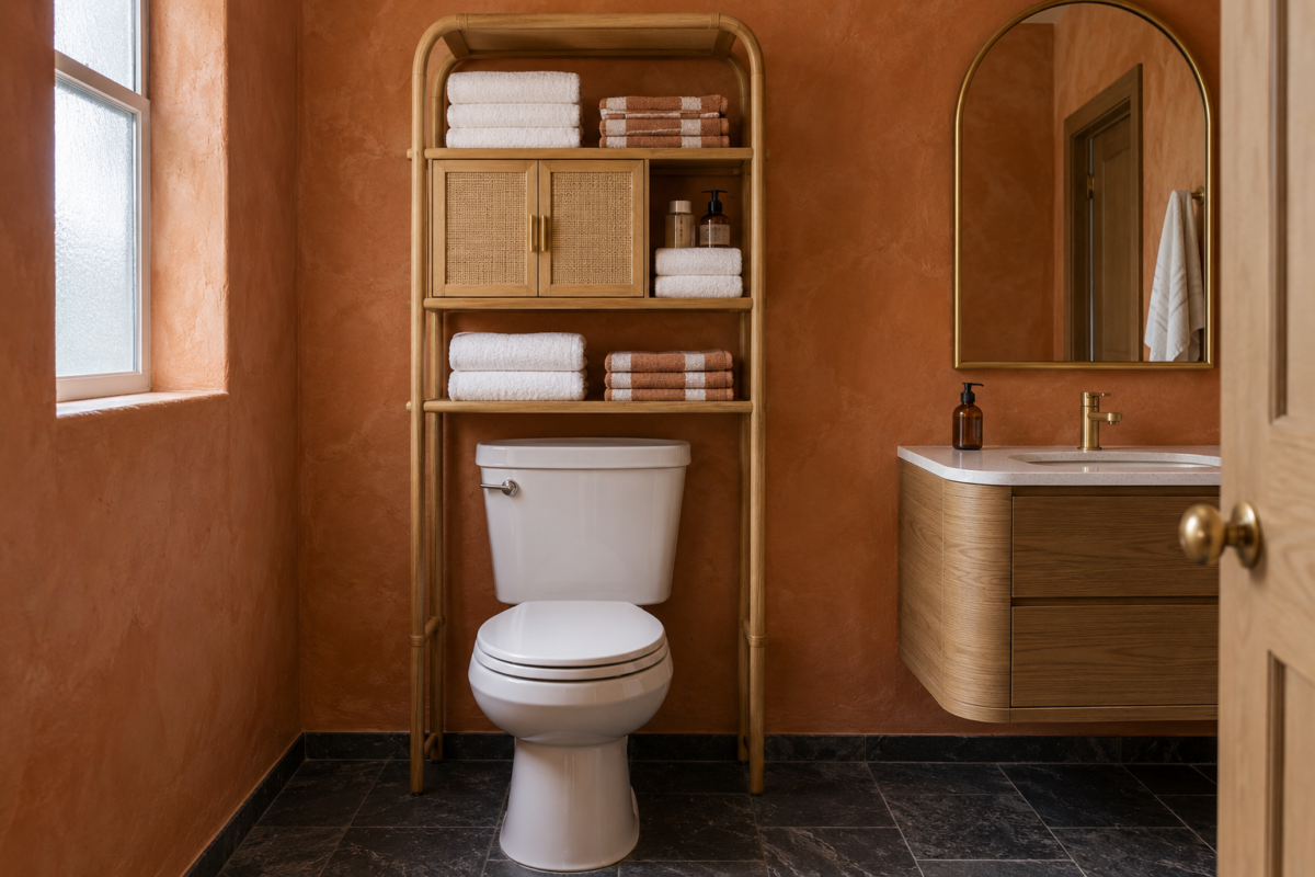 A small bathroom with warm terracotta plaster walls where a floor-to-ceiling wood storage unit filled with neatly folded towels fills the wall above the toilet, beneath an arched brass-framed mirror.