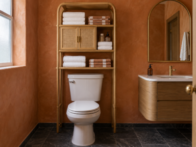 A small bathroom with warm terracotta plaster walls where a floor-to-ceiling wood storage unit filled with neatly folded towels fills the wall above the toilet, beneath an arched brass-framed mirror.