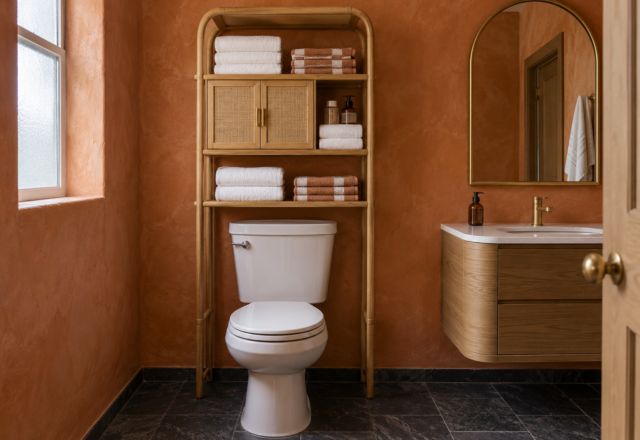 A small bathroom with warm terracotta plaster walls where a floor-to-ceiling wood storage unit filled with neatly folded towels fills the wall above the toilet, beneath an arched brass-framed mirror.
