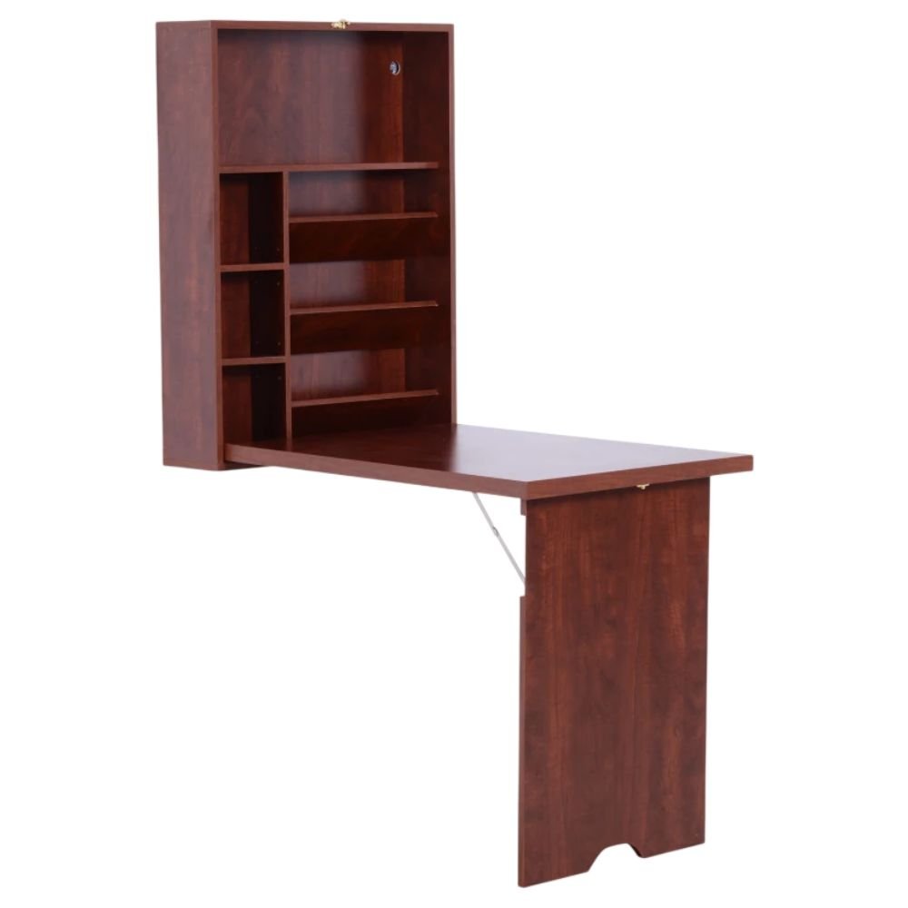 HOMCOM Wall-Mounted Fold-Out Desk with Shelves (Mahogany)