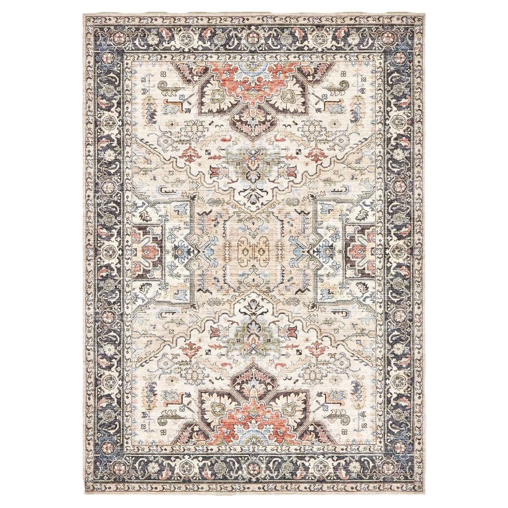 Thin, washable vintage-pattern area rug in multi-color, 9 by 12 feet.