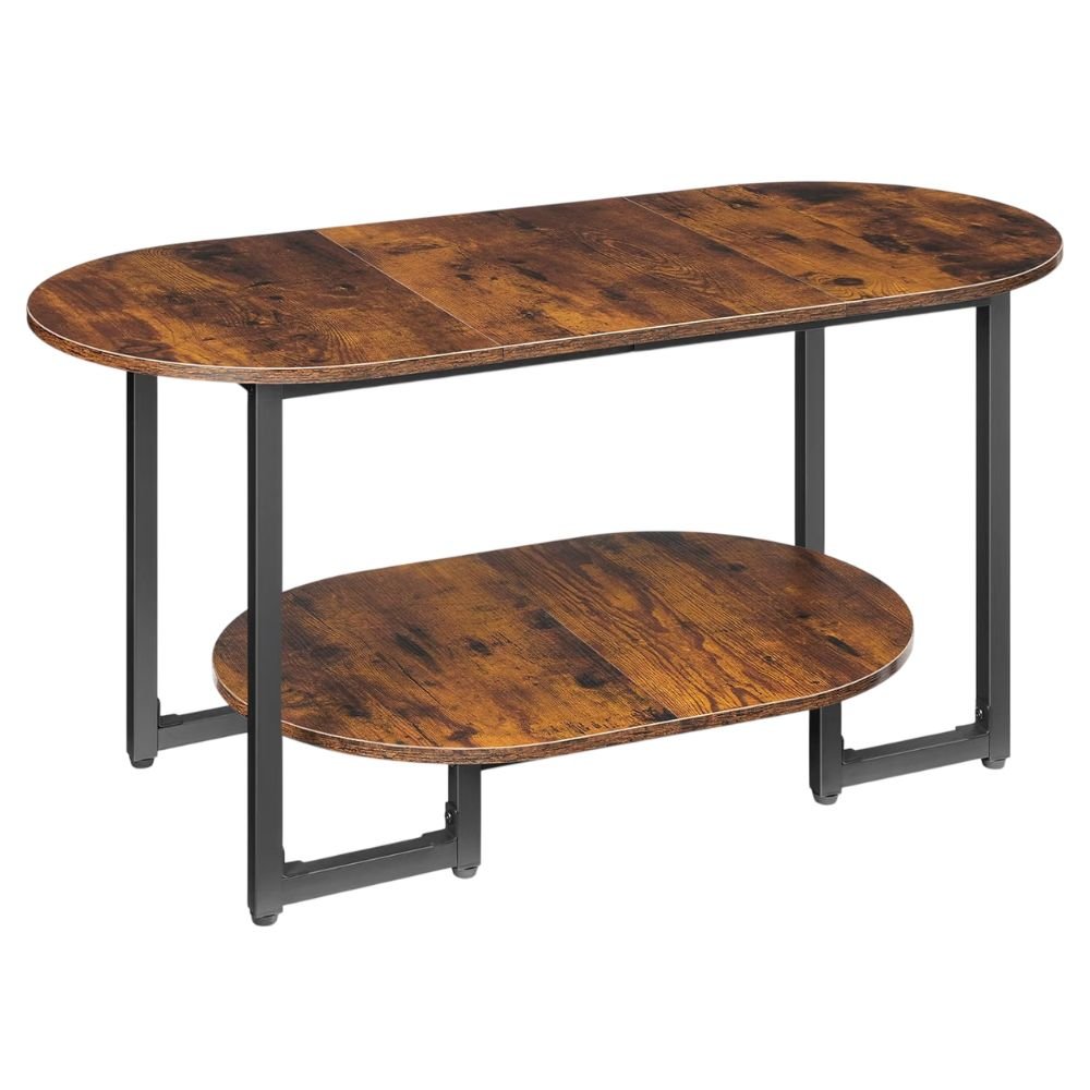 Oval rustic brown coffee table with an open two-tier shelf