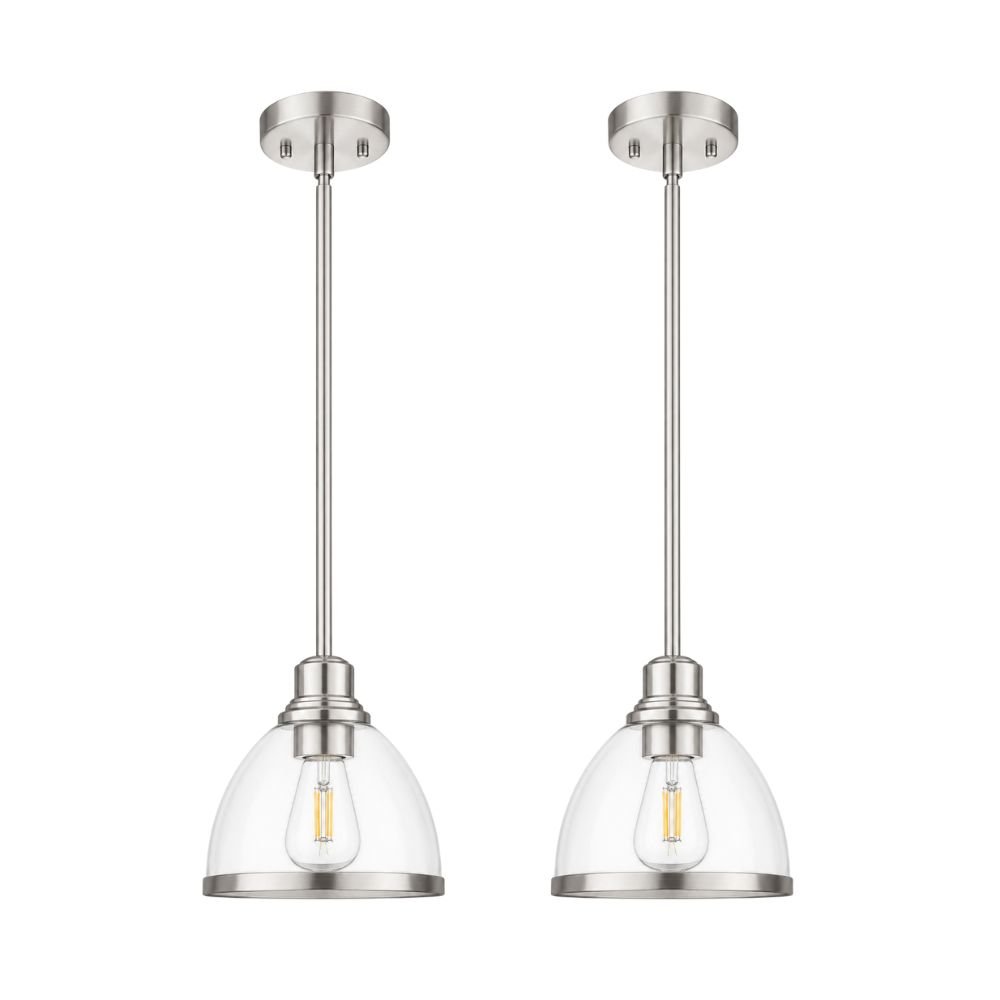 Two matching brushed nickel pendant lights with glass shades.