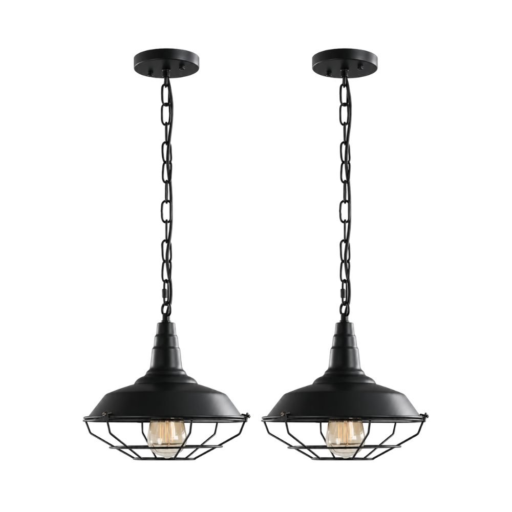 Two matching black wire-cage pendant lights with an open industrial-style frame.