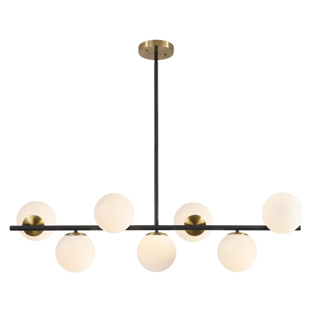 Seven-light sputnik-style chandelier with milk-glass globe shades on a black and brass frame.