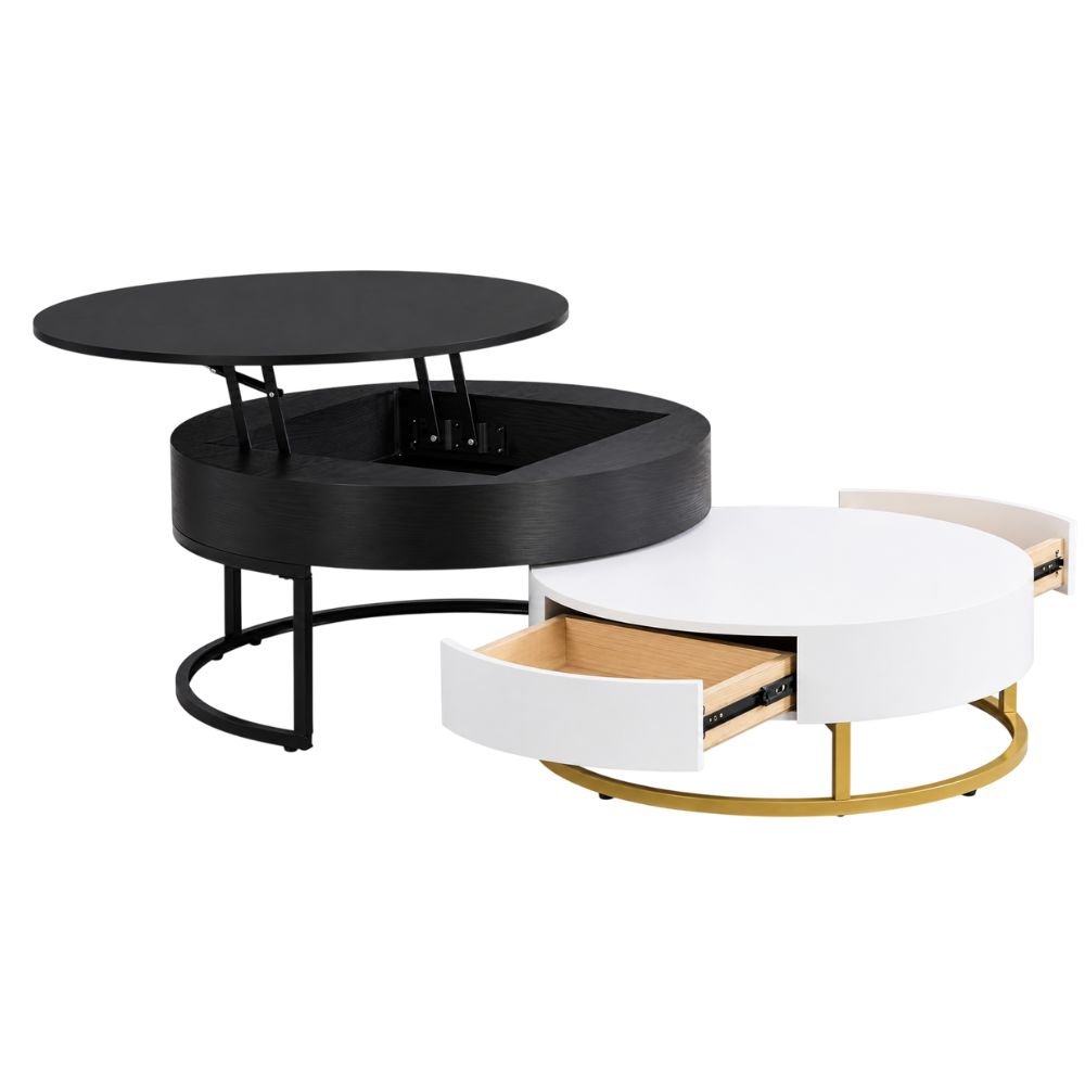 Two round nesting coffee tables with a lift top and drawers on a gold metal base