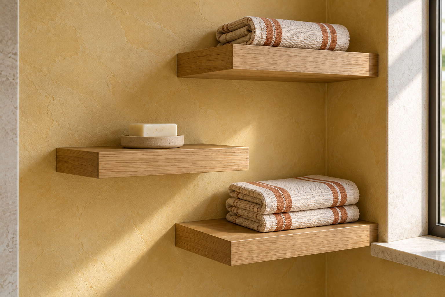 Three staggered bracket-free floating oak shelves on a pale plastered bathroom wall, styled with neatly folded striped hand towels and a small ceramic soap dish.