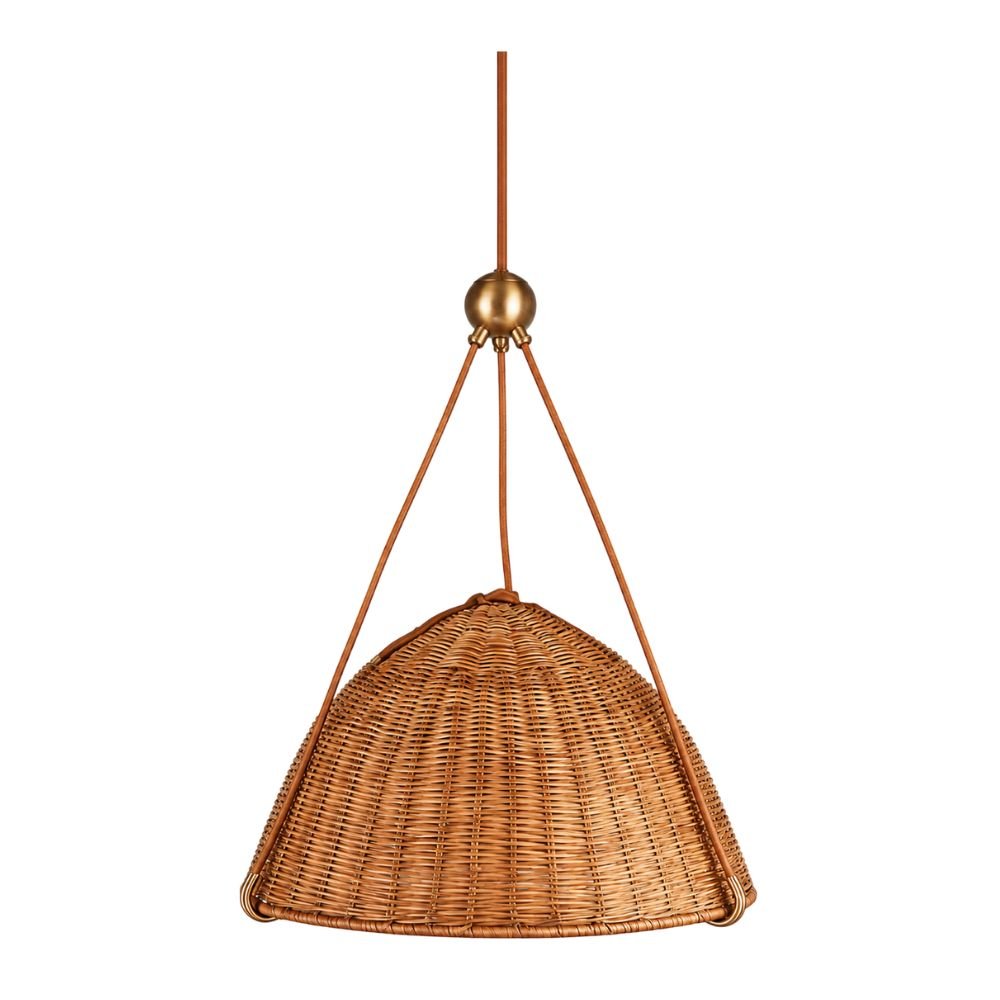 Three-light dome pendant with a hand-woven rattan basket shade.