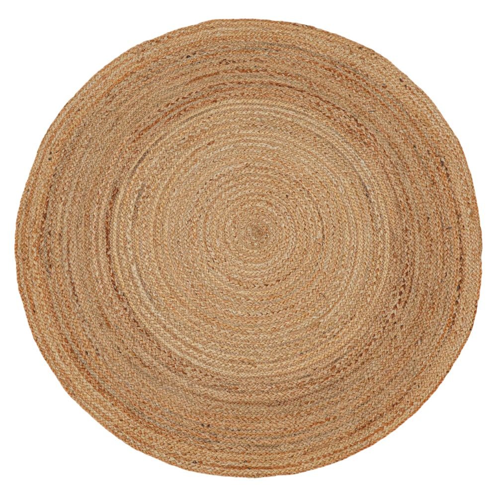 Round hand-woven jute area rug in natural beige, 8 feet in diameter.