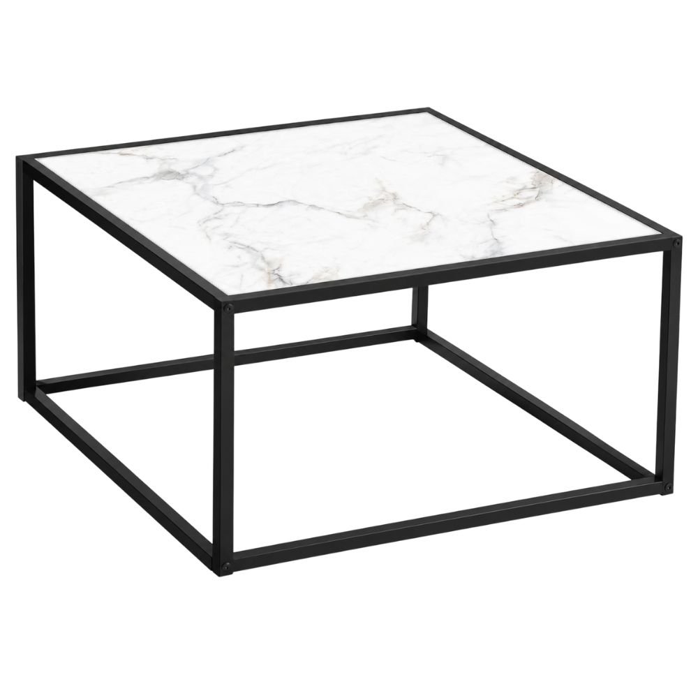Square coffee table with a white faux-marble top and black legs