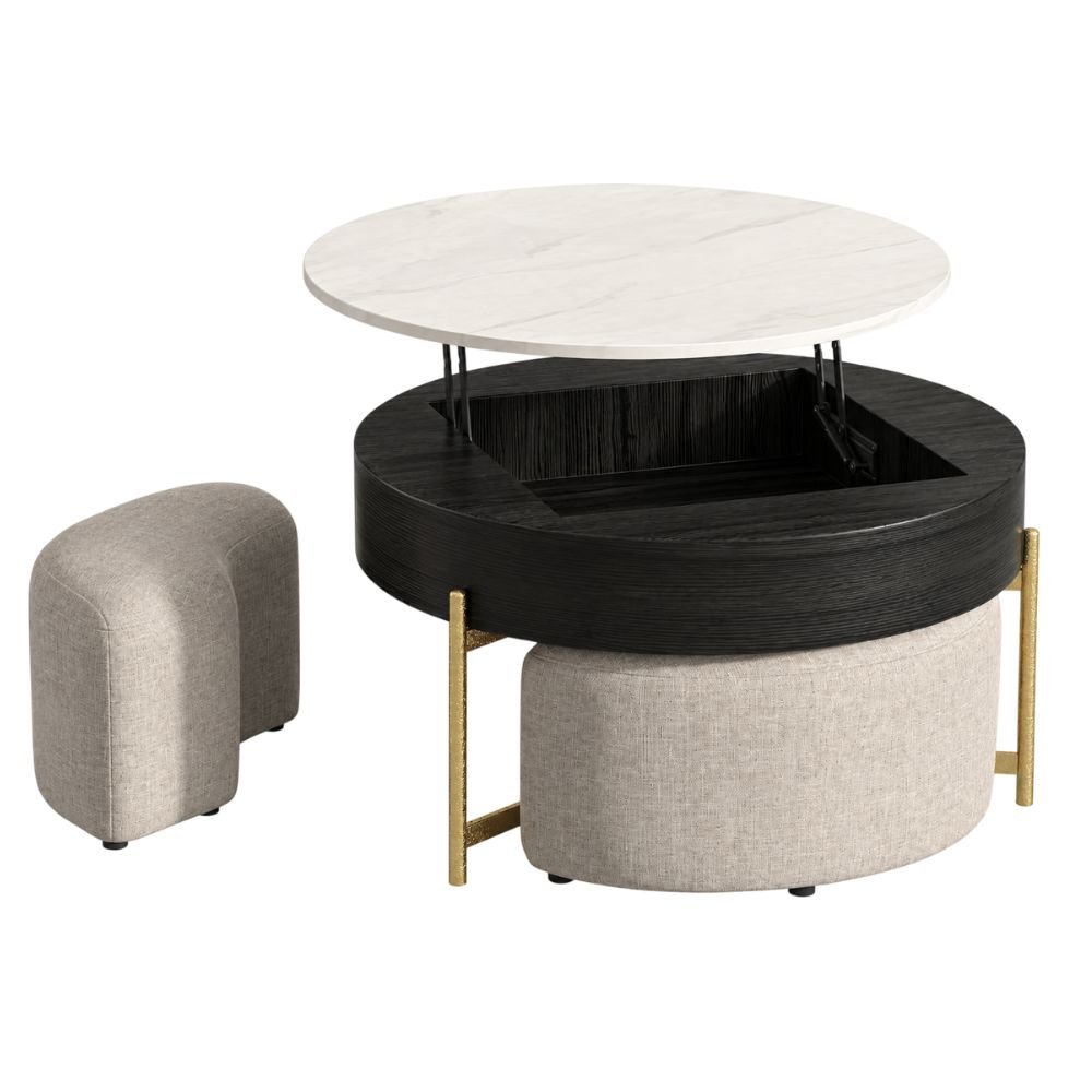 Round lift-top coffee table with three stackable stools tucked underneath