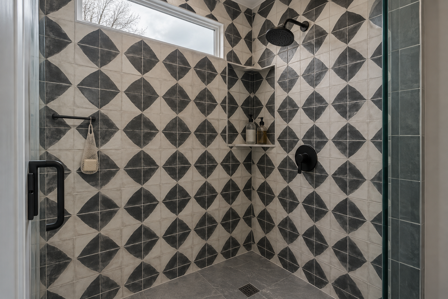 A small shower with charcoal-and-white graphic tile, a built-in corner niche holding shower bottles, and a matte black wall-mounted bar with a hanging soap net for bar-format products.