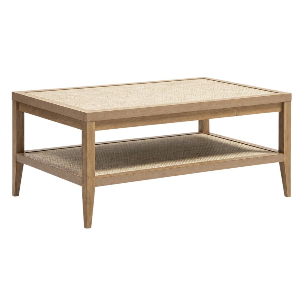 Rectangular rattan coffee table with an open lower storage shelf