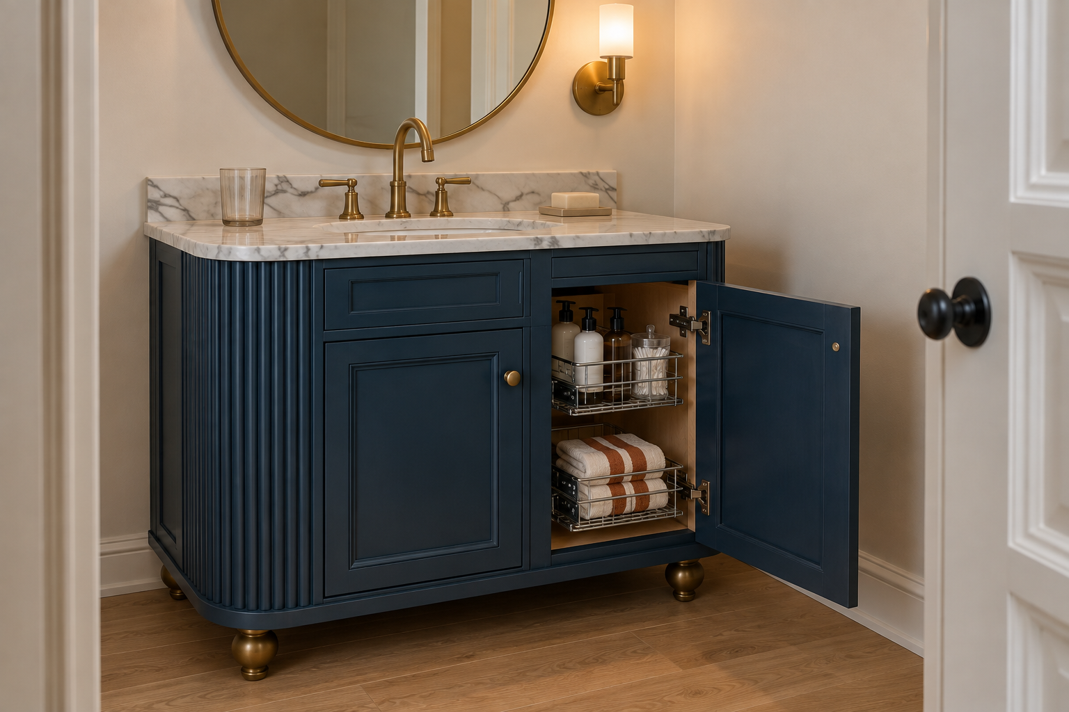 A navy-painted bathroom vanity with fluted panel detailing and brass hardware, one door open to reveal a tidy sliding basket organizer beneath a white marble countertop.
