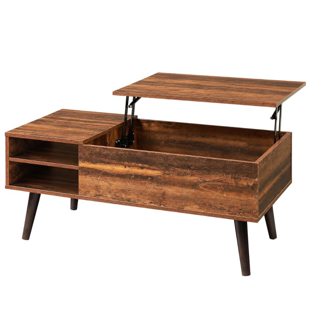 Mid-century wood coffee table with its top lifted to reveal hidden storage
