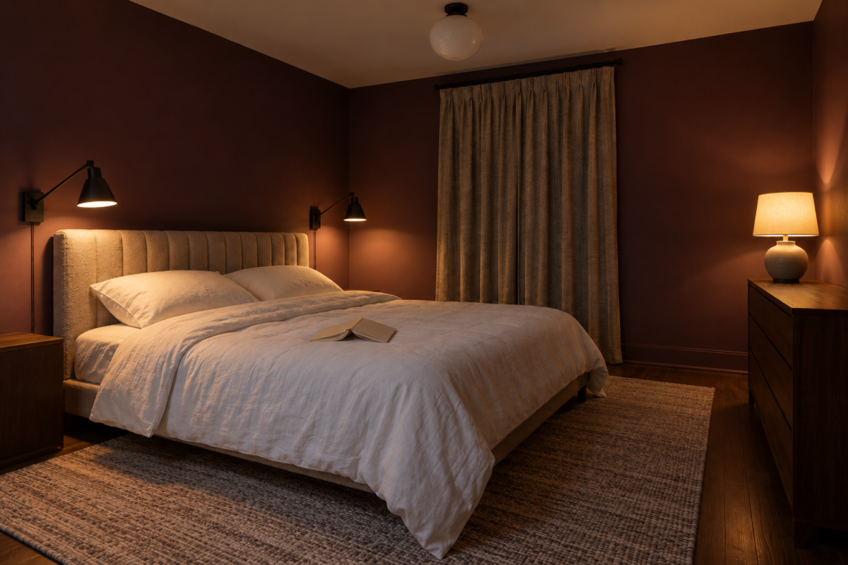 A bedroom with aubergine walls in the evening, lit by two wall lights beside the bed and a lamp on the dresser.