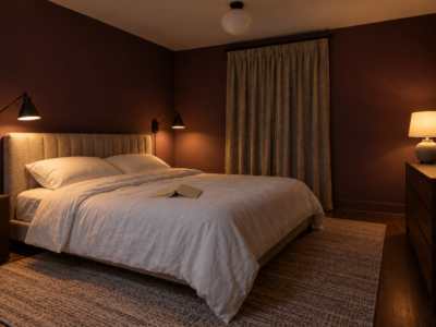 A bedroom with aubergine walls in the evening, lit by two wall lights beside the bed and a lamp on the dresser.