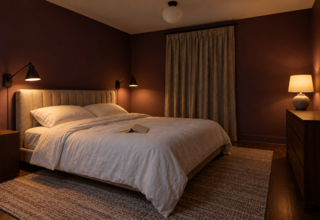 A bedroom with aubergine walls in the evening, lit by two wall lights beside the bed and a lamp on the dresser.