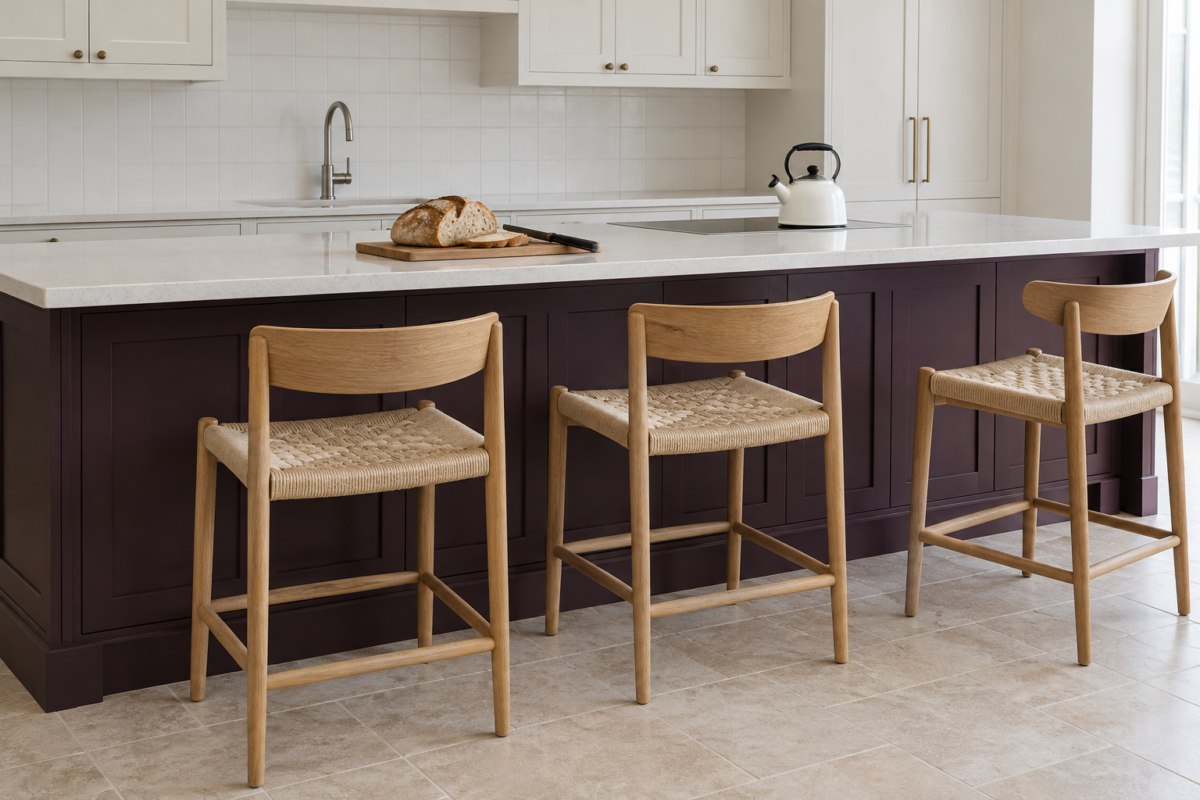 Three oak counter stools with woven seats at a kitchen island with deep aubergine cabinets and a white countertop.