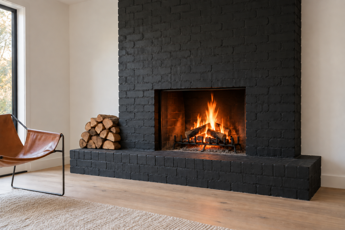 A black painted brick fireplace with a wood fire burning, in a white room with a leather sling chair and a pale oak floor.