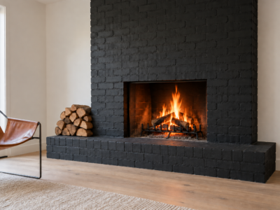 A black painted brick fireplace with a wood fire burning, in a white room with a leather sling chair and a pale oak floor.