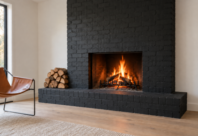 A black painted brick fireplace with a wood fire burning, in a white room with a leather sling chair and a pale oak floor.