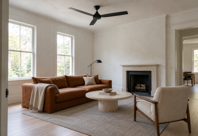 A matte black ceiling fan with three flat blades on a short rod in a white living room with pale ash floors and a low rust linen sofa.