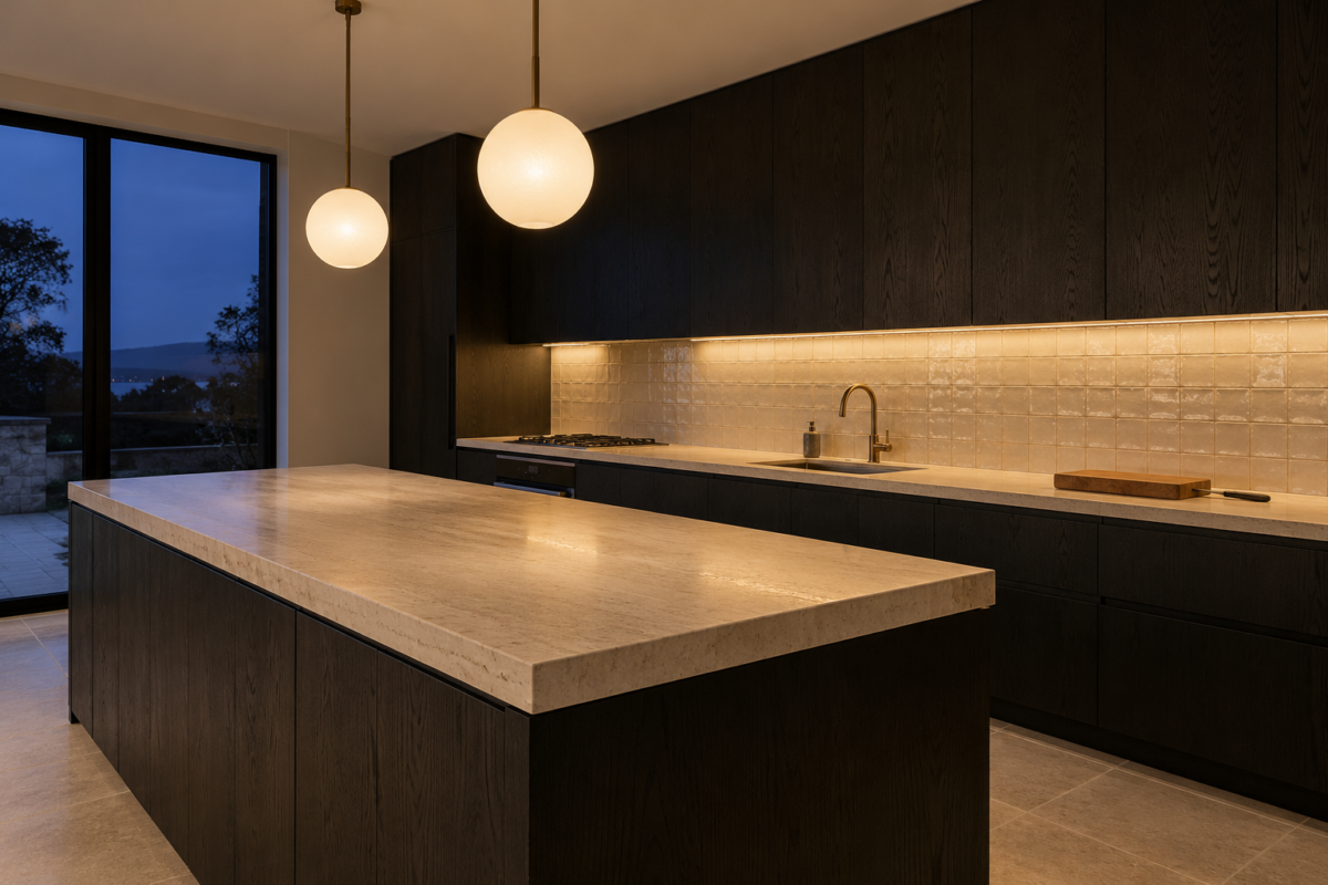 A black kitchen at dusk with light under the wall cabinets shining on a cream tiled wall, and two white glass pendants lit over a travertine island.