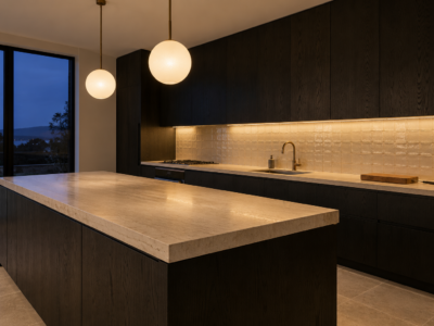 A black kitchen at dusk with light under the wall cabinets shining on a cream tiled wall, and two white glass pendants lit over a travertine island.