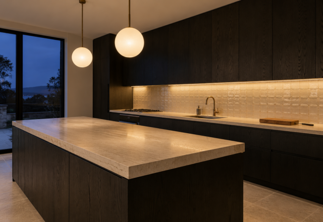 A black kitchen at dusk with light under the wall cabinets shining on a cream tiled wall, and two white glass pendants lit over a travertine island.